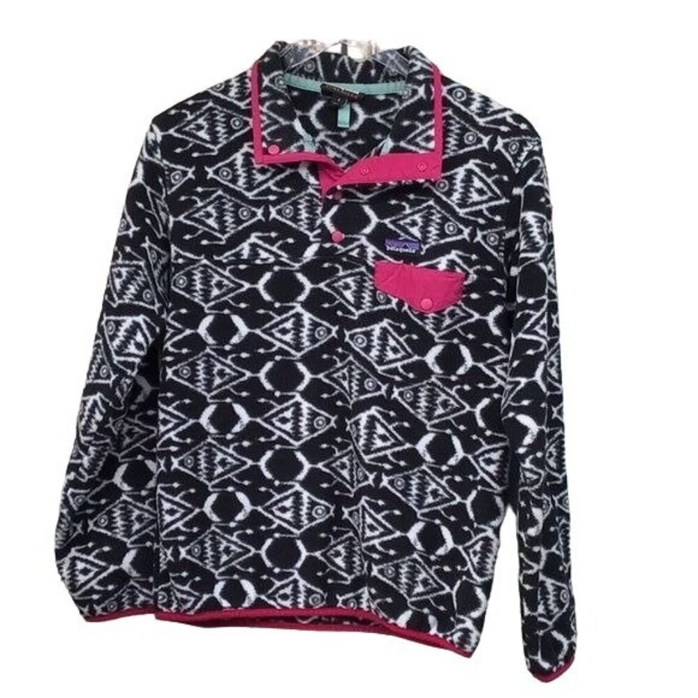 Patagonia Womans S IKAT Big Fish Print Black White Pink Pull Over Light Weight S